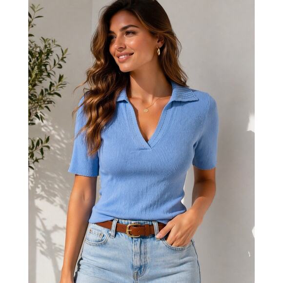 Halston Tops - Halston Blue Ribbed Collared Top | Quiet Luxury Capsule Knit NWT French Coastal